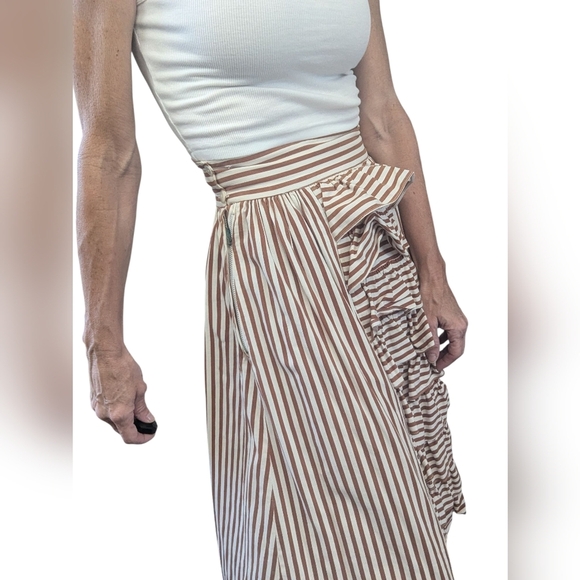 VINTAGE Handmade Coquette Brown Striped Ruffle A-Line Minimalist Skirt Size S - Picture 6 of 9